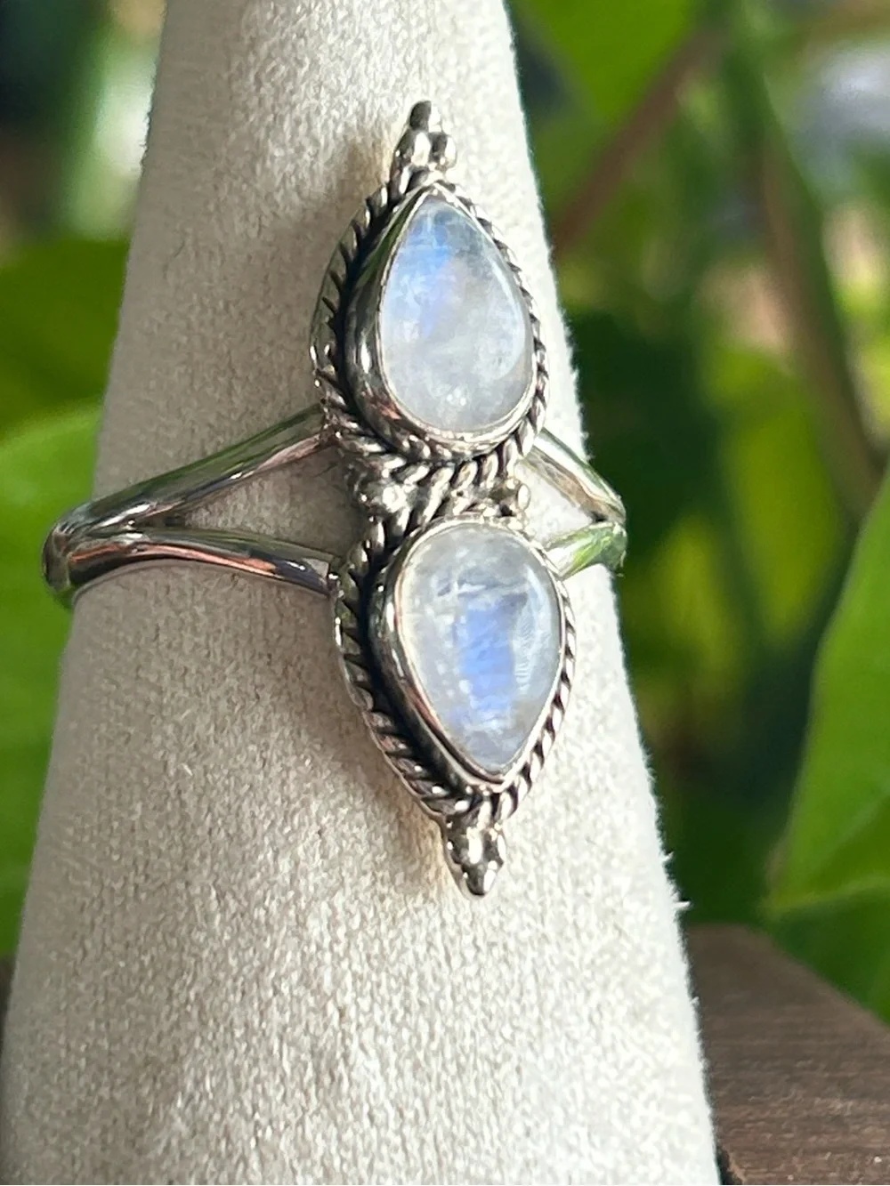 Sterling Silver Double Teardrop Moonstone Ring - Blue Flash